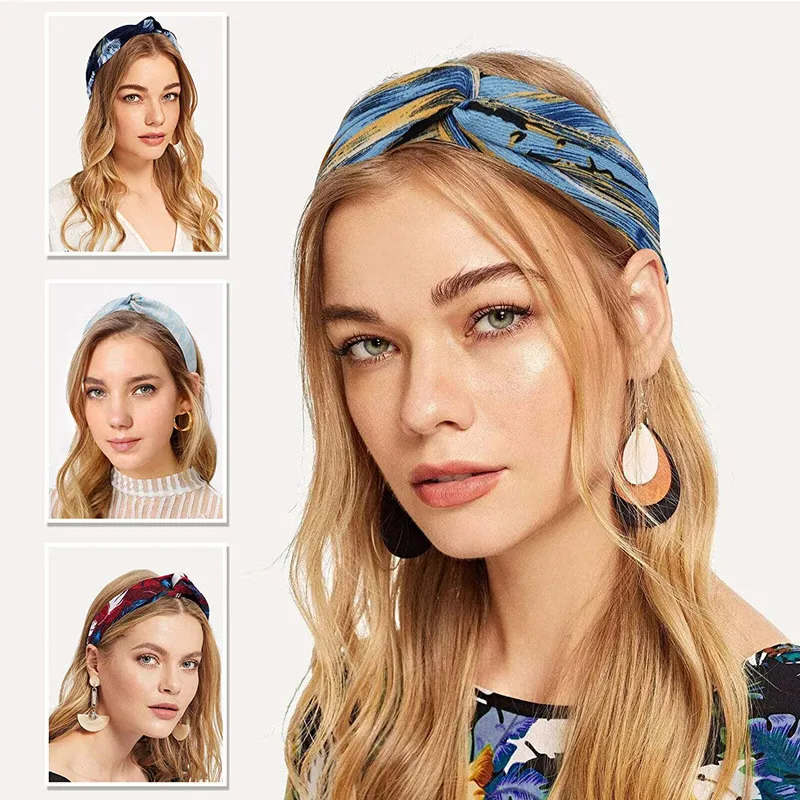 

New Wide Edge Cross Hair Band Women's Bohemian Printed Knitted Hair Hoop Sweat Absorbing Headband Sports Yoga Headband
