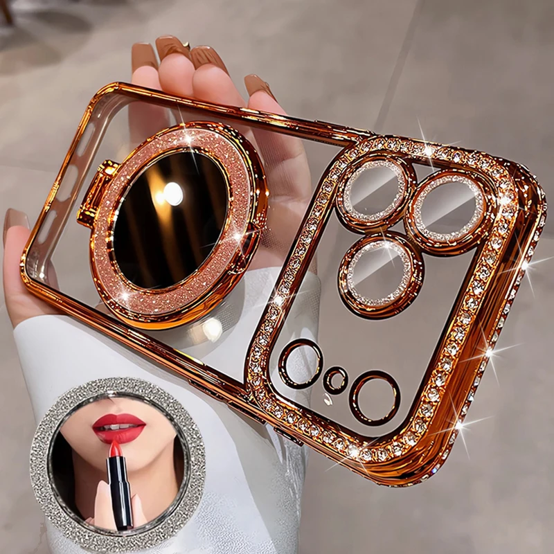 Glitter Mirror Magnetic Stand Holder Phone Case for iPhone 17 16 14 13 12 11 Pro Max Air 15 Plus Make Up Diamond Plating Cover 6