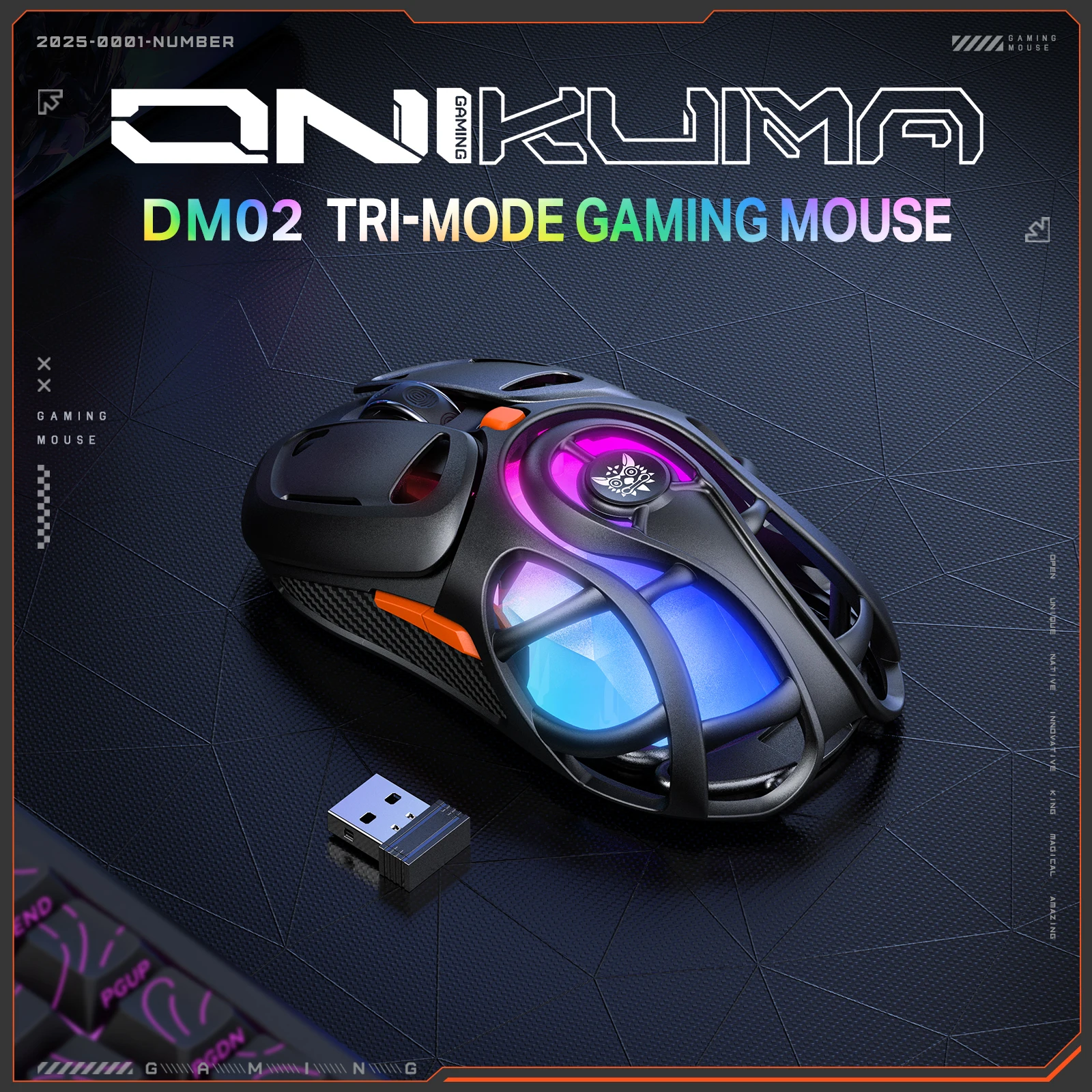 ONIKUMA DM02 2025 새로운 속이 빈 경량 무선 게이밍 마우스 | 인체공학적 디자인, 긴 사용시간, 1000Hz 폴링 레이트 게이머용