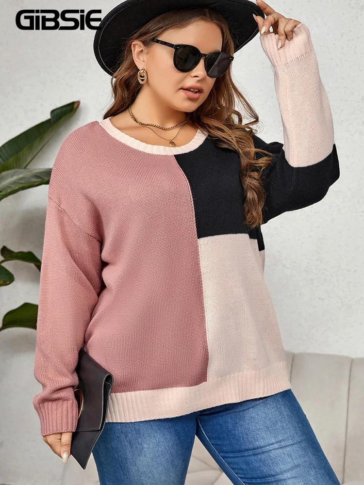 GIBSIE Plus Size Women Sweater Long Sleeve Color Block Knit Pullover Sweaters Crew Neck Patchwork Casual Loose Jumper Tops 2023