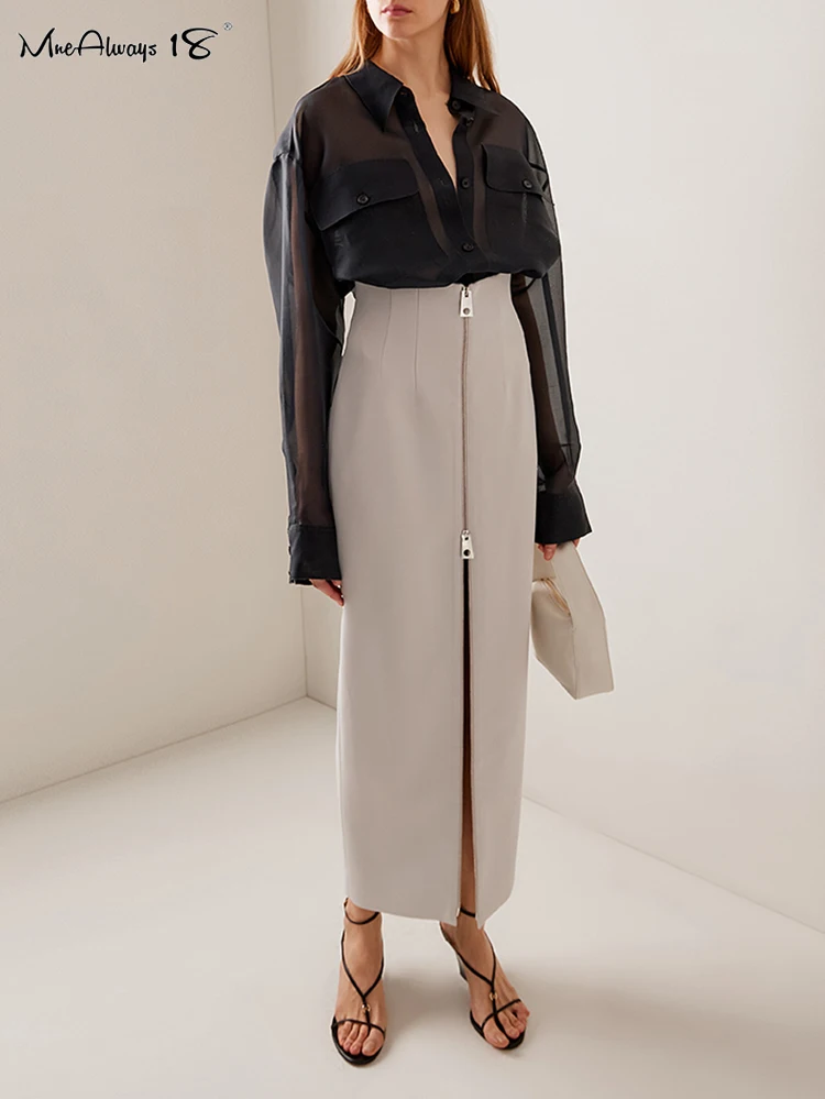 

Mnealways18 Apricot Zipper High Waist Skirts Women Fashion Office Ladies Pleated Ankle-Length Skirts Spring 2024 Straight Skirts