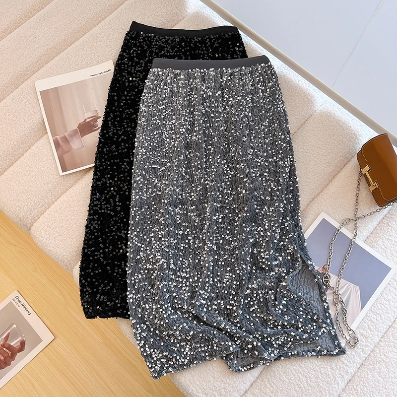 

2024 Woman Autumn Winter New Long High Waist Skirts Female Slim Sequined Package Hip Skirt Ladies Casual A-line Skirts M05