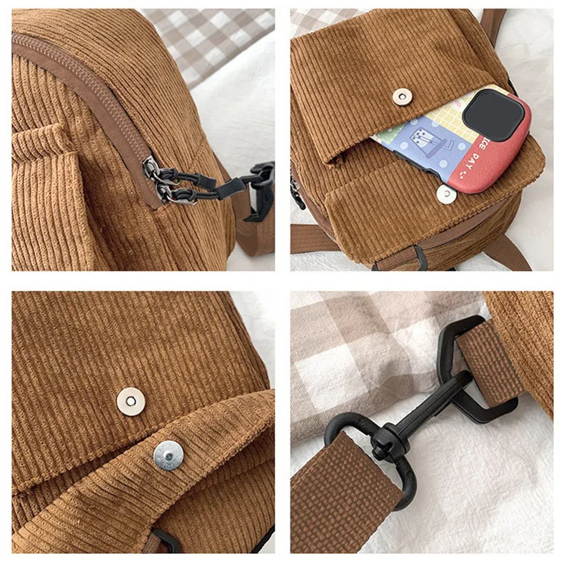 Mini zaino da donna moda tinta unita velluto a coste piccolo semplice Casual viaggio grande capacità durevole zainetto femminile - immagine 6