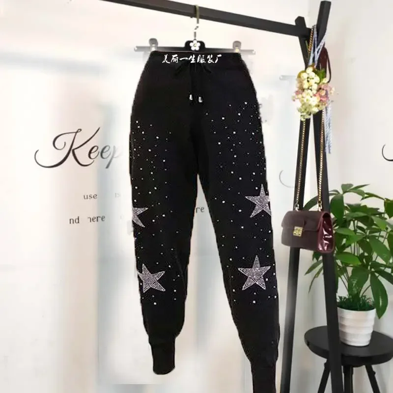 2021 Autumn New Women's Korean Version of The Nine-point Lace-up Stretch Black Hot Diamond Pants High-waisted Harem Sweatpants