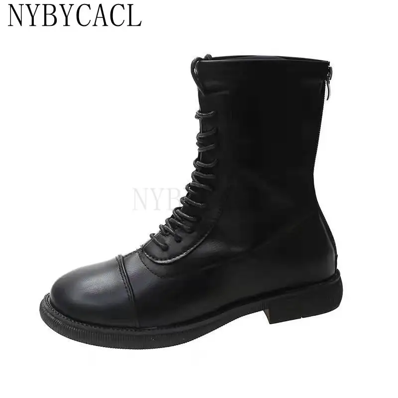 2022 Autumn Winter Women Ankle Boots Shoes Solid Black Beige Lace-up Square Toe Rubber Elegant fashion Low Heels Women Boots New