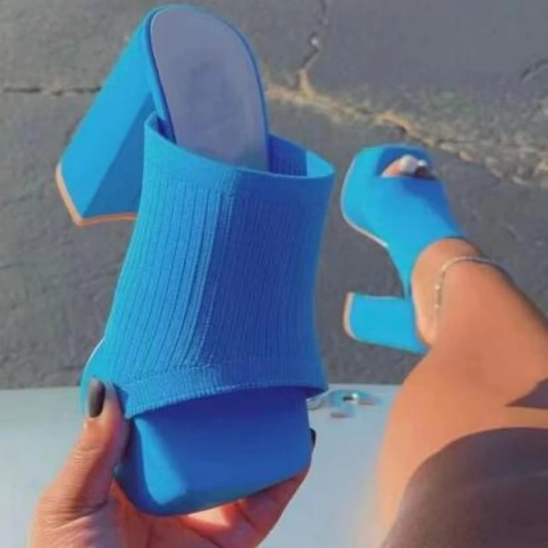 2024 Summer Knitting High Heels Slippers Women Shoes Peep Toe Dress Sandals Fashion New Beach Chunky Walking Zapatos Femme Pumps