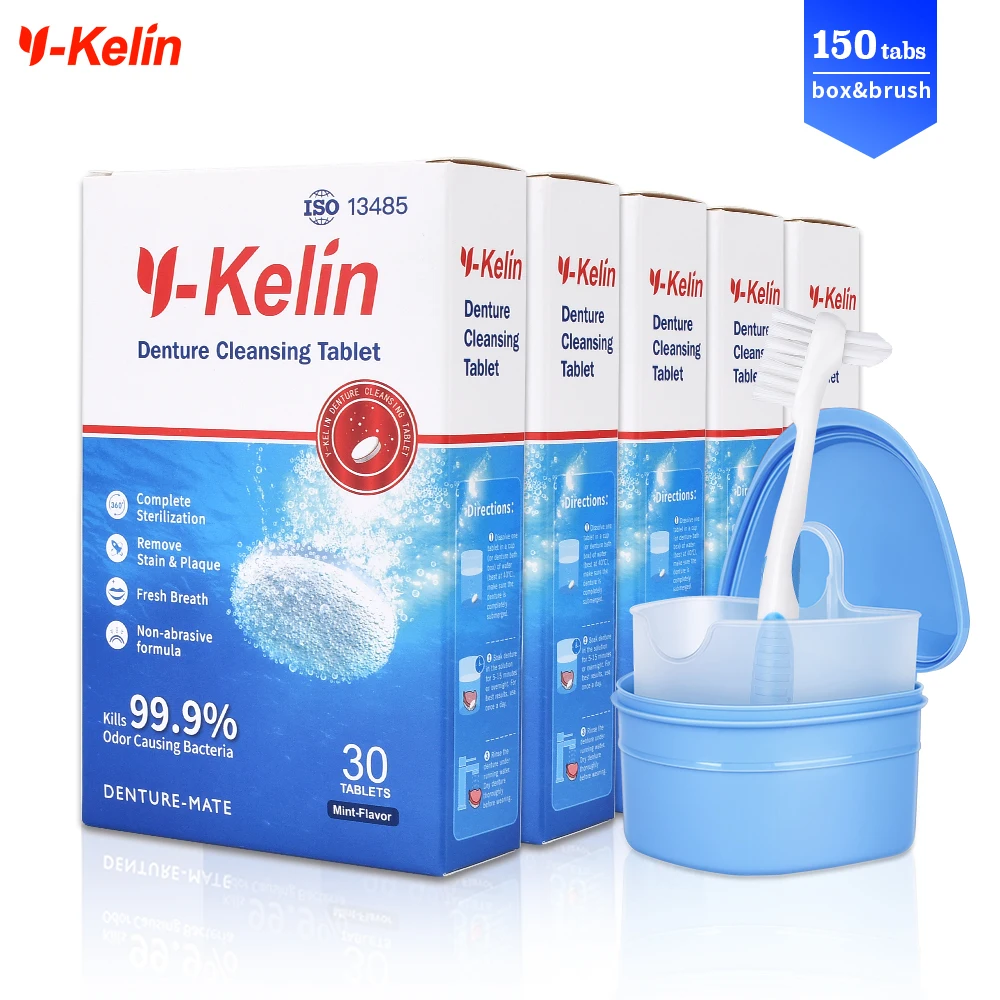 Y-Kelin Denture Cleansing Tablets 150 Tabs+Denture Box+Denture Brush Tooth FalseSoaking And Cleaning Prosthesis Whitening Kits