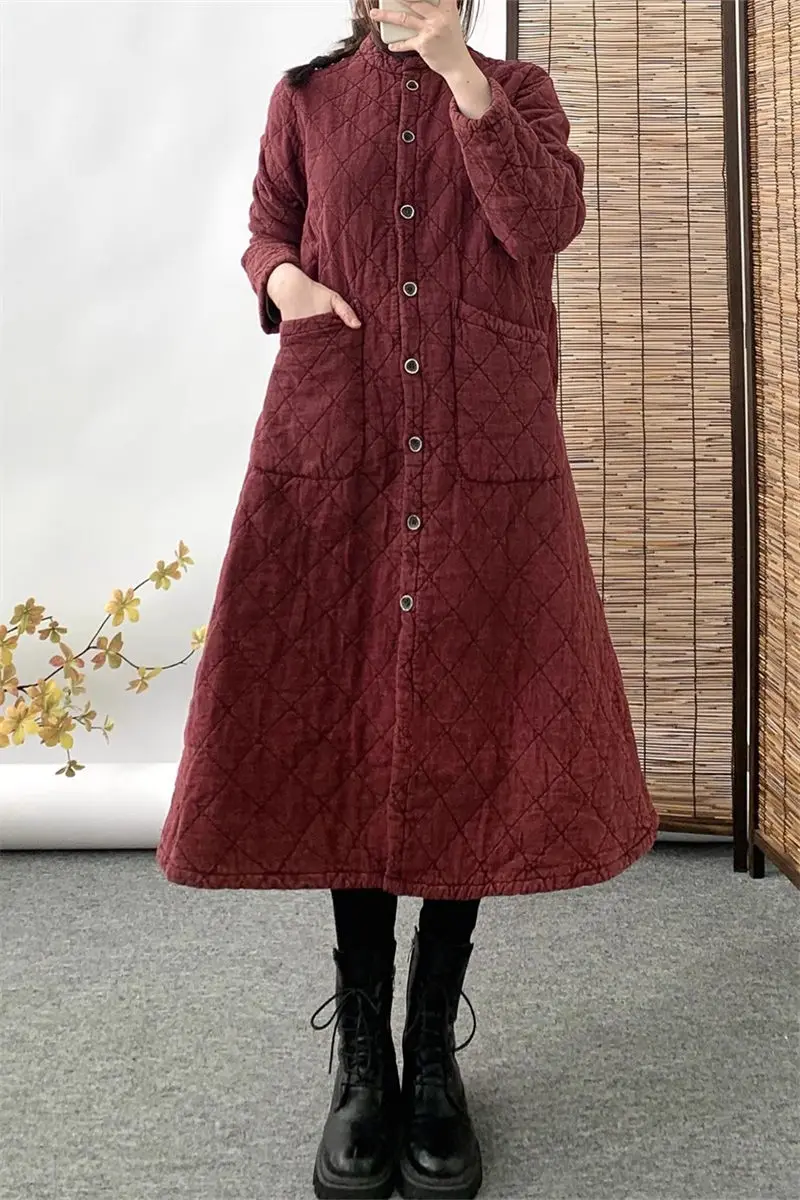 

Зимнее пальто в стиле ретро, хлопковая и конопляная стеганая куртка, Женская свободная теплая хлопковая одежда с воротником-стойкой и длинным рукавом Z4556