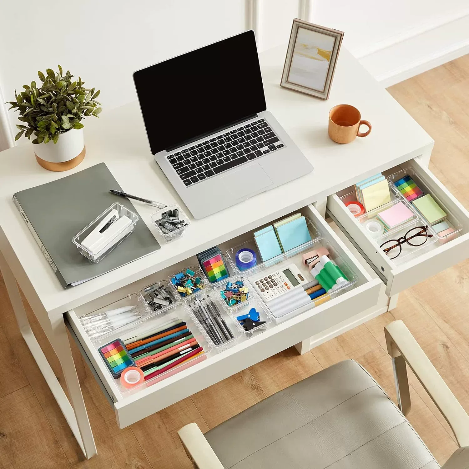 Description Picture 4 of item5Pcs Drawer Organizers Set Clear Plastic Desk Dividers Bins Bedroom Dresser Office Storage Box for Makeup Jewelries Gadgets