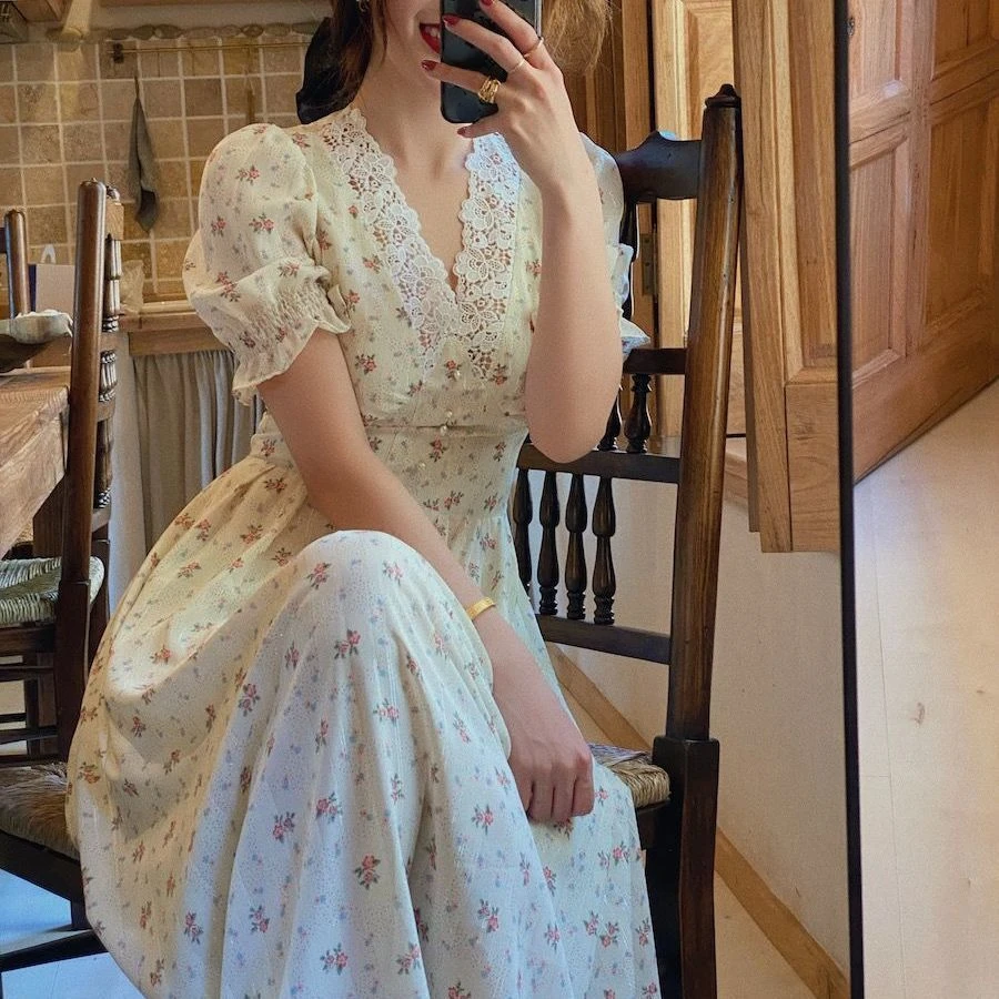 Vintage Floral Dress Women Elegant Lace 