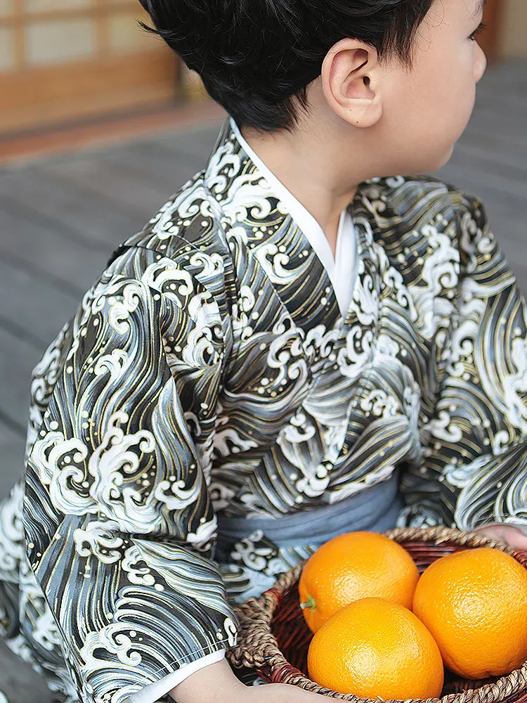 Japan Style Boy's Kimono With Belt Bathrobe Waves Summer Yukata Cotton Home Wear Photography Dress Cosplay Wear