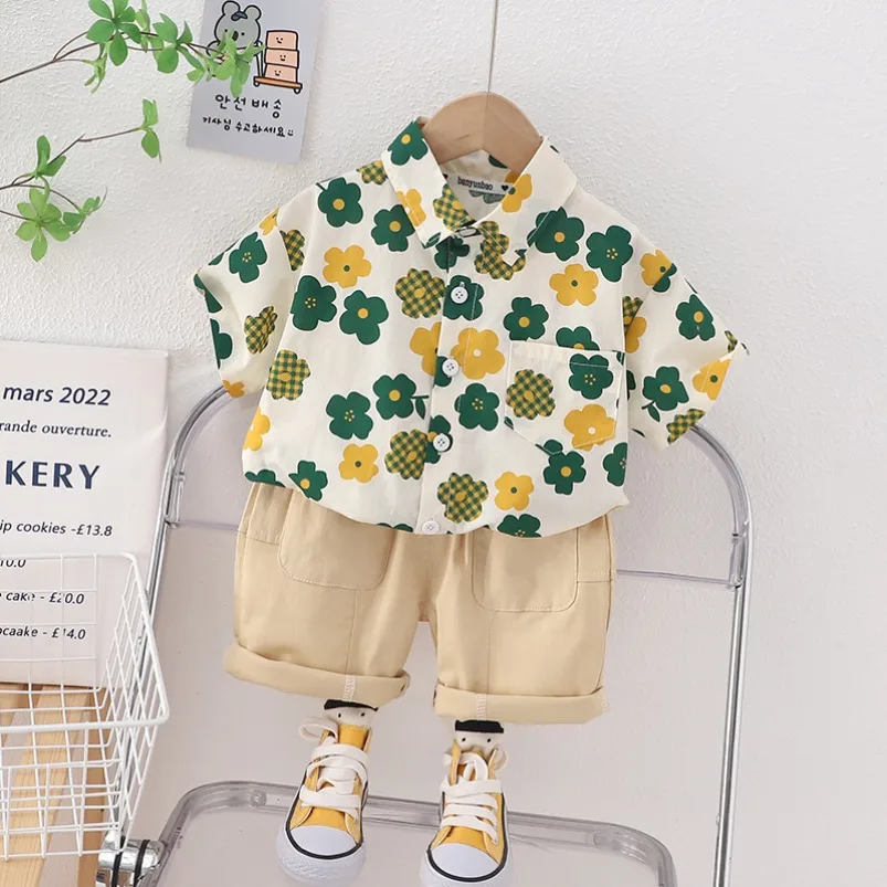 

New Toddler Boy Outfits Set Flower Short Sleeve Shirts Cotton Summer Shorts Pants Suit Children Boys Top and Bottom Set