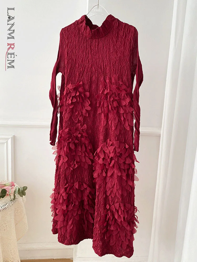 

LANMREM Flower Pleated Dress Long Sleeves Turtleneck Loose Elegant Dresses For Women Party Clothes 2024 New Spring 2M244