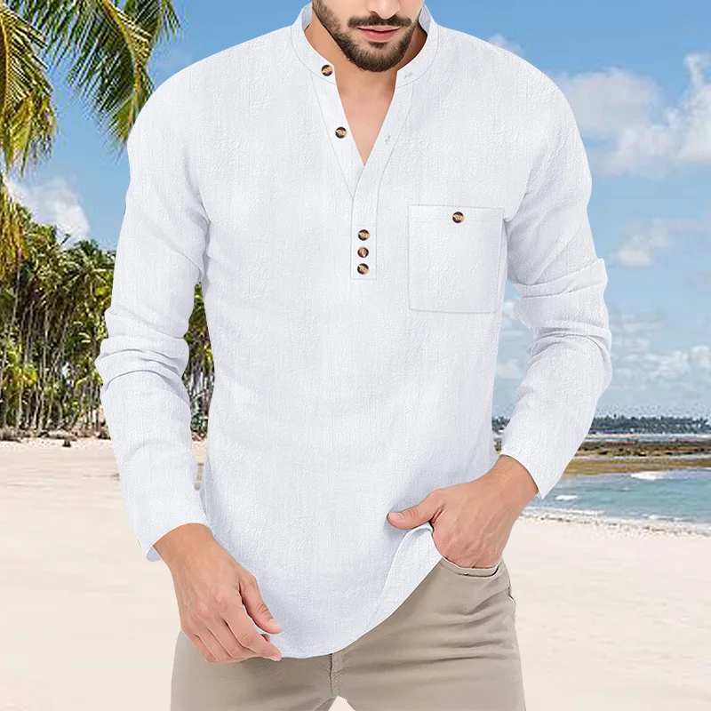 Herren Baumwoll-Leinen Langarm Henley-Hemd mit Stehkragen, Knopfleiste und Brusttasche, Lässiges Atmungsaktives Alltags-, Urlaubs- und Arbeitshemd – Detail 34