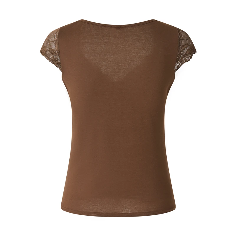 Brown Lace Crop Tops Vintage Aesthetic Women V Neck Short Sleeve T Shirt y2k Fairy Grunge Clothes 2000s Streetwear