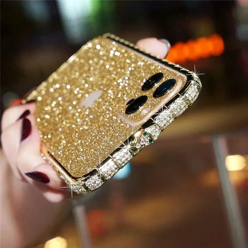 iPhone Case Bling Rhinestone Diamond Metal Bumper Phone Case For iPhone 15 Plus 14 13 12 11 Pro XS Max XR X 8 Glitter Powder Back Film Cover