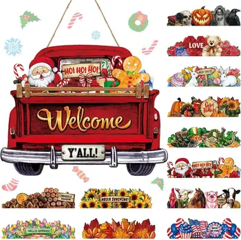 Interchangeable Welcome Sign Truck Decor Hanging Sign with 12 Holiday Icons Farmhouse Seasonal Welcome Signs Rustic Decor Gifts 1