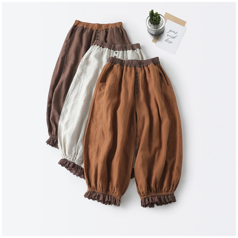 

Women's Carrot Pants Loose Stitching Linen Pocket Elastic High Waist Harem Trousers Literary Style Female Summer Casual Bloomers