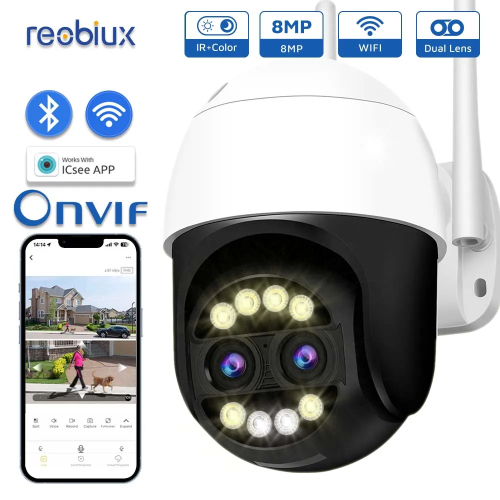 Reobiux Wifi Ptz Camera 8Mp Dual Lens Ip Cam Telecamera Cctv Di Sorveglianza Esterna 8X Zoom Digitale Cam Noice Alarm Protezione Domestica