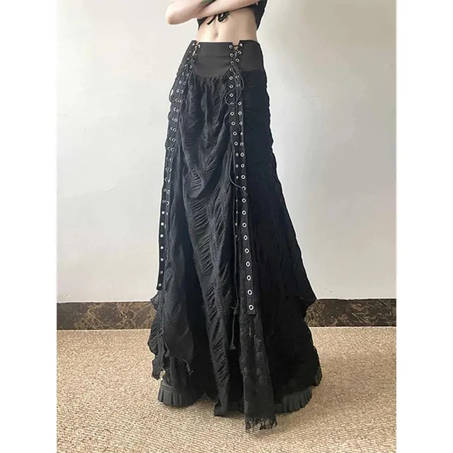 MEXZT Y2K Lace Mesh Long Skirt Women Harajuku Vintage Patchwork Bandage Black Skirts Gothic Aesthetic High Waist Chic Faldas New 1