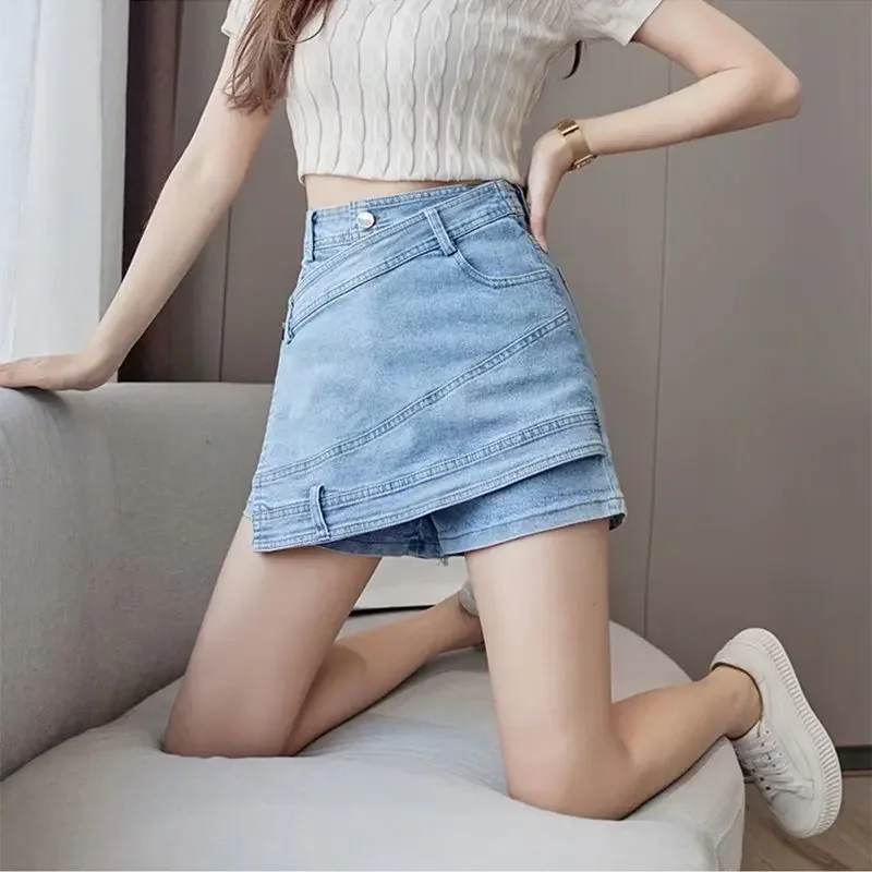 Plus Size S-5XL Denim Skirt Summer Slim Pants Short Skirt Anti Aliasing Irregular Wrap Hip A-line Skirt High Waisted Jean Shorts