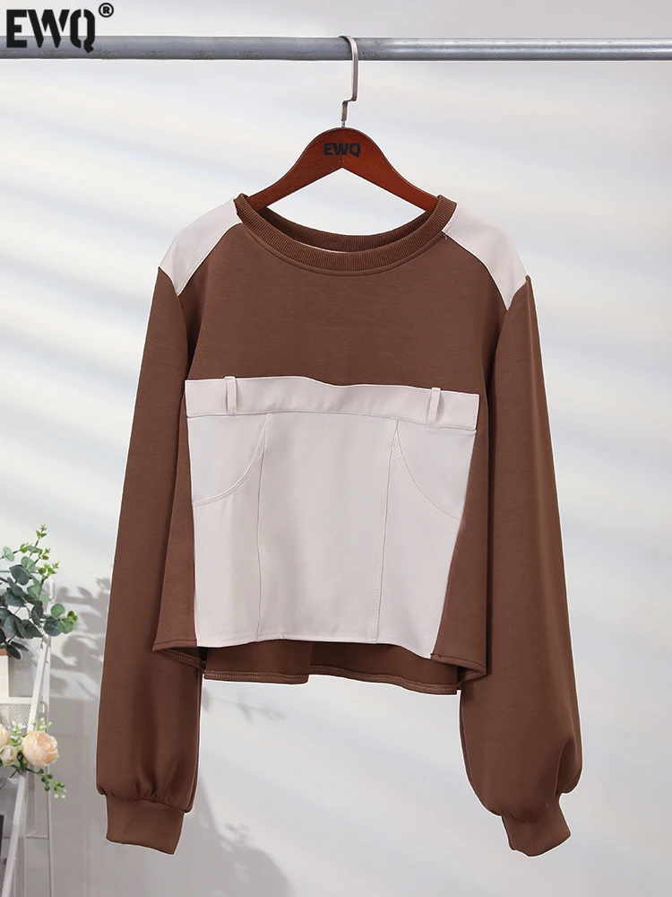 

[EWQ] Long Sleeve Crew Neck Patchwork Color Women's Clothing Trend Autumn Sweatshirt 2023 Winter Short Brown Sweatshirt 16U5233