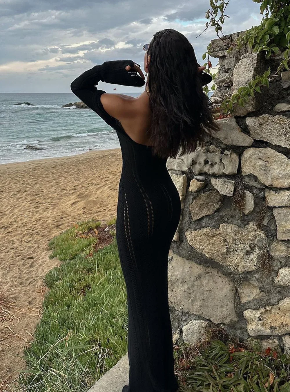 Hollow Out Knitwear Backless Long Dress Women's Slim High Waist Skinny Autumn Elegant Party Dress Female Knit Dress