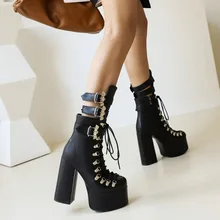 

Platform Block High Heels Fashion Women Boots Bat Lace Up Sexy Elegant Autumn Goth Punk Boots For Women Ladies Shoes