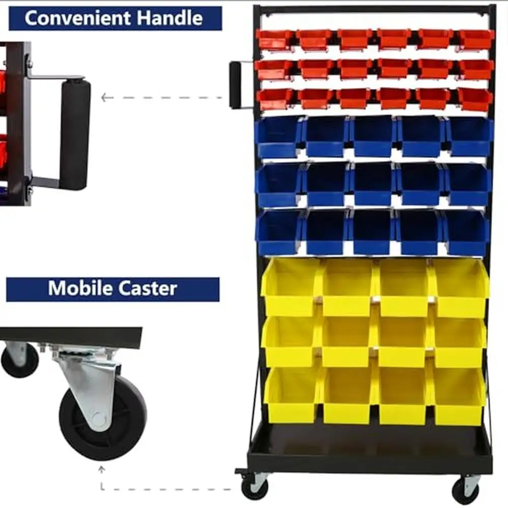 Steel Frame 90 Parts Bin Rack System with Lockable Casters Label Area Space-Saving Design Mobile Organizer Shop Storage Bin Rack