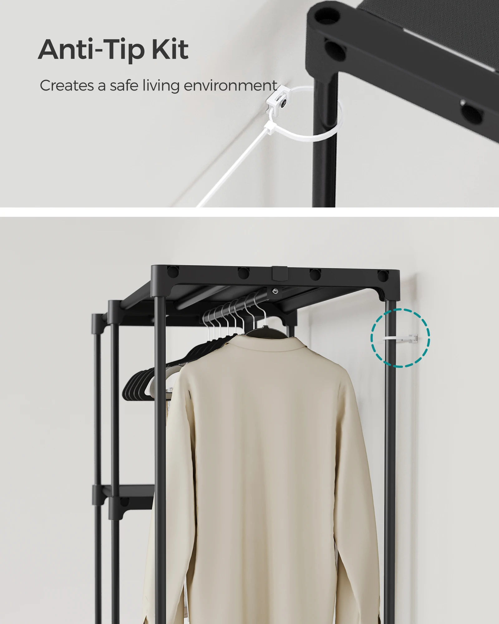 SONGMICS Freestanding Wardrobe, Foldable Closet, Coat Rack with Clothes Rails, Open Storage Wardrobe, Cloakroom, Bedroom - Image 6