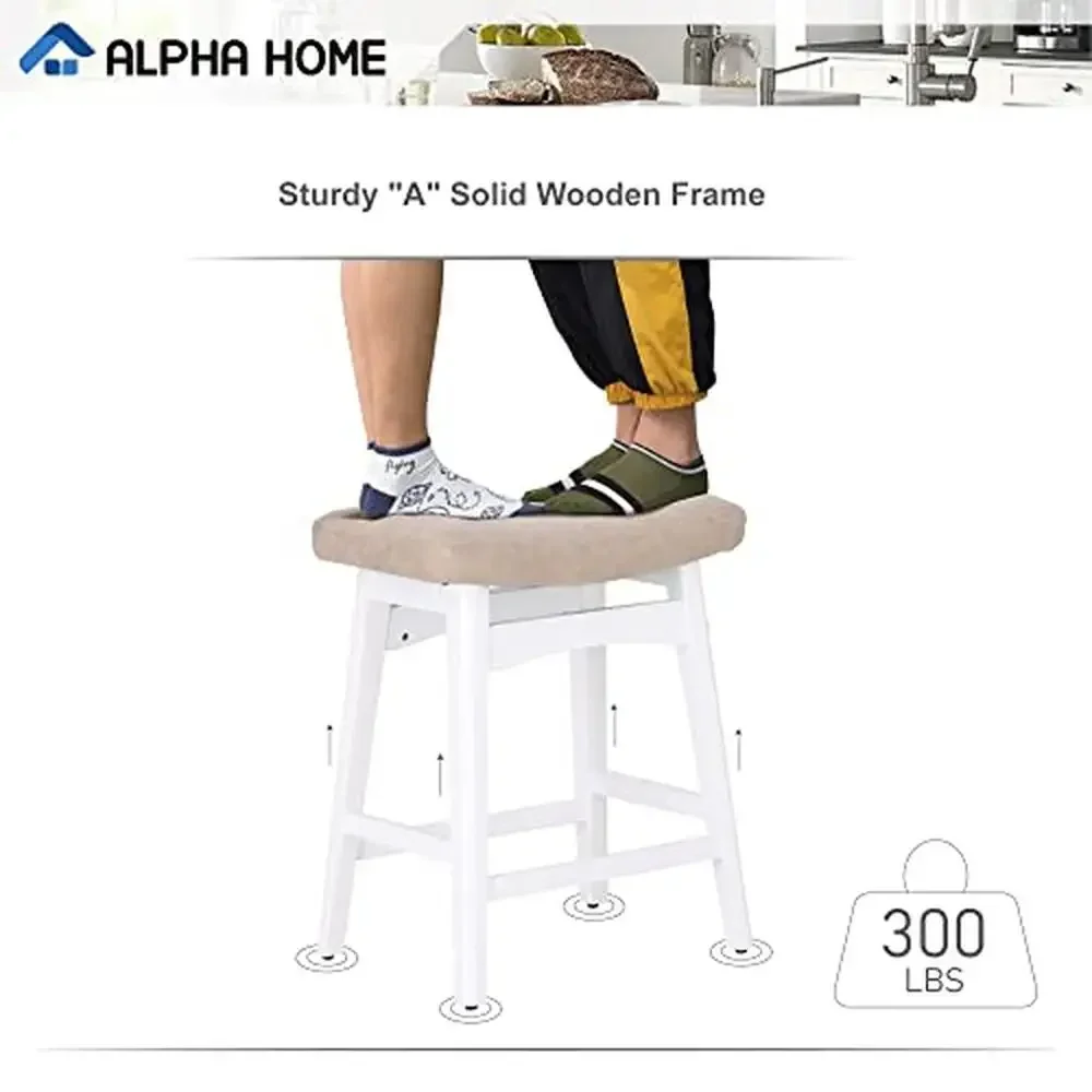 Solid Wood Saddle Kitchen Stools Set of 4 with Beige PU Leather Cushion Counter Height Barstools Wooden Base Comfortable Pub 6