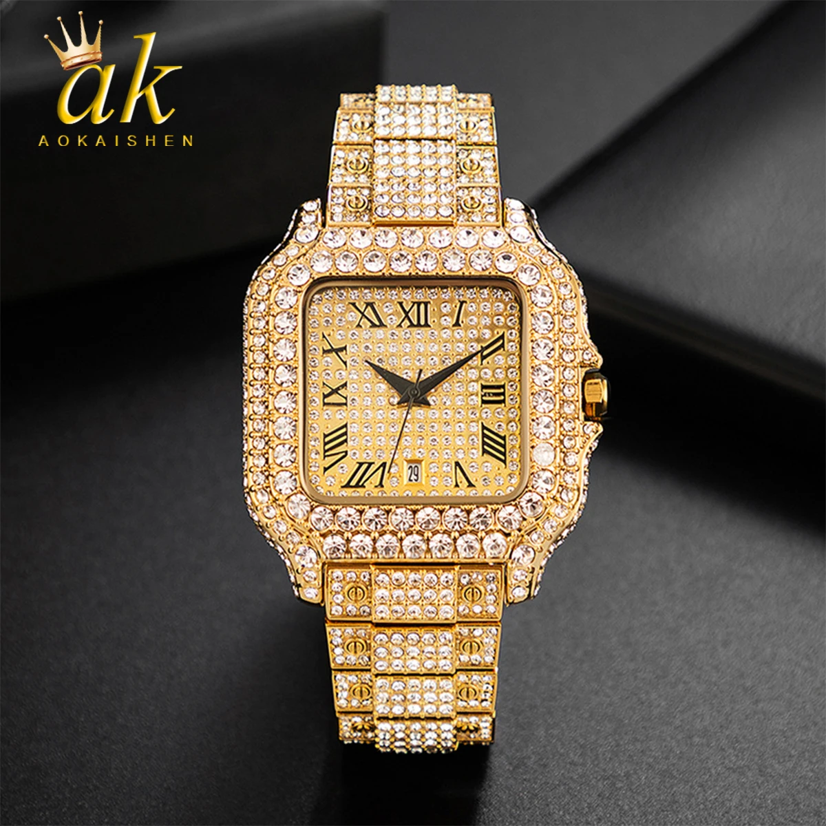 

Мужские золотые наручные часы Aokaishen, кварцевые часы с квадратным циферблатом, водонепроницаемые до 30 м, в стиле хип-хоп, 2023