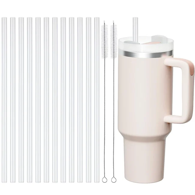 Replacement Straws for Stanley 40 oz Cup Tumbler, 12 Pack Clear Reusable Plastic Straws, 2 Straw Brushes,for Stanley Cup 1