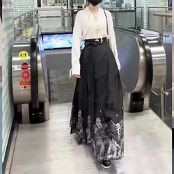 Spring Autumn Vintage Chinese Style Sets Women Solid Color Long Sleeve Shirt and Printing Lacing Pleated High Waist A-line Skirt