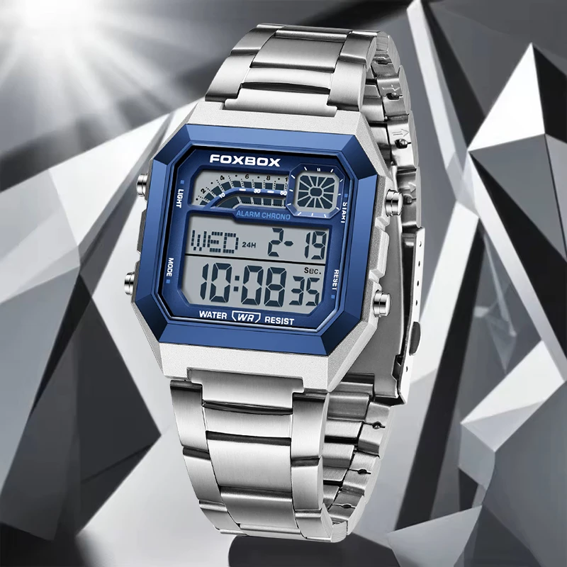 FOXBOX Luxury Square Stainless Steel Waterproof Digital Watch