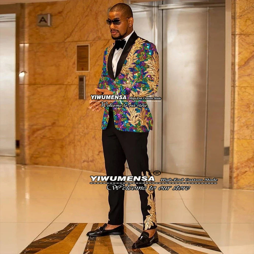 Colorful Shiny Wedding Tuxedo Tailor-Made Suits Mens Masculino Black Lapel Gold Appliques Jacket+Pants Traje De Hombre Para Boda