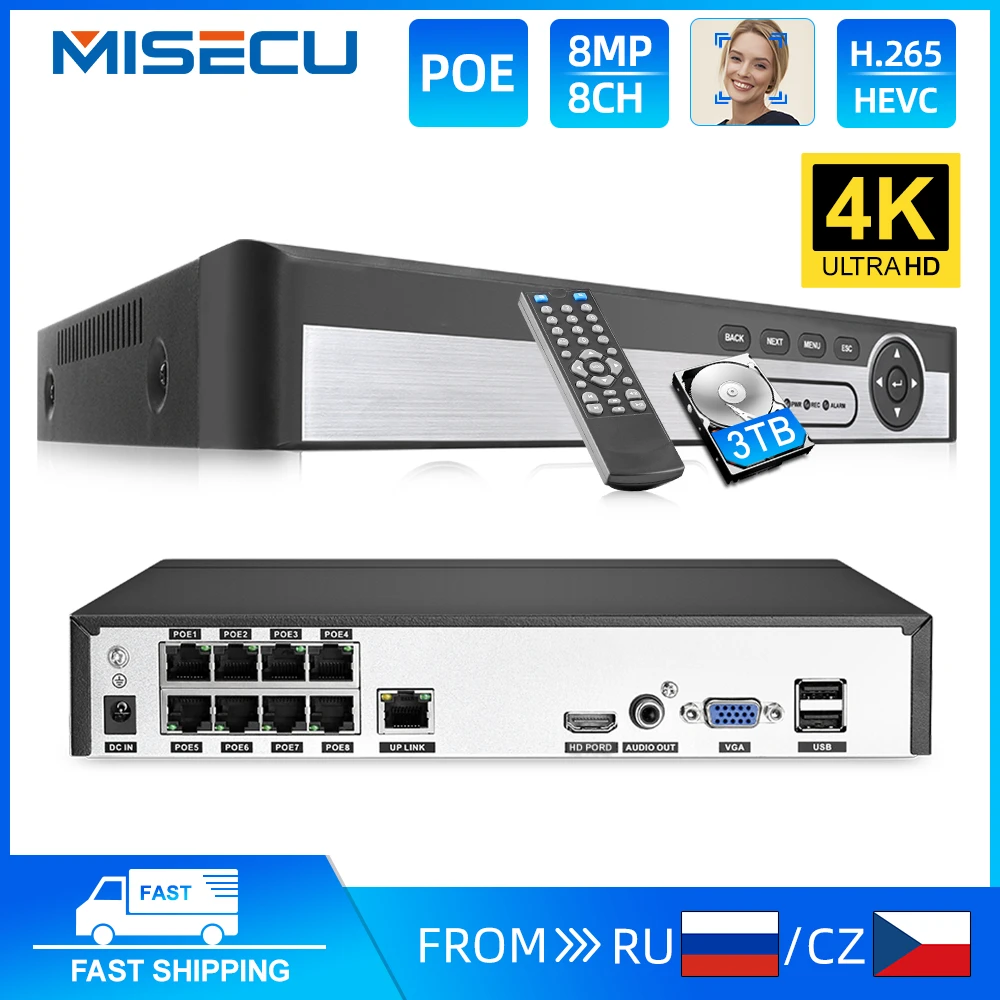 MISECU 4K 8CH/4CH  POE NVR 8MP Security Video Recorder IP Camera Face Detection Surveillance CCTV System For POE IP Camera