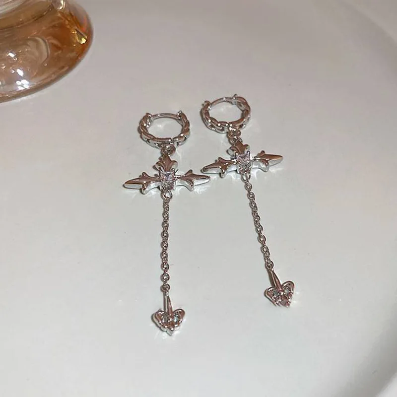 Cool Rhinestone Zircon Cross Earrings for Women Korean Fashion Long Tassel Earring Girls Daily Birthday Party Y2k Jewelry Gifts