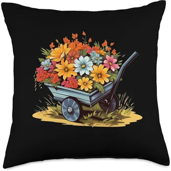 Garden Cart with Flowers for Spring Season and Wheelbarrow Throw Pillow 18x18 Multicolor 1