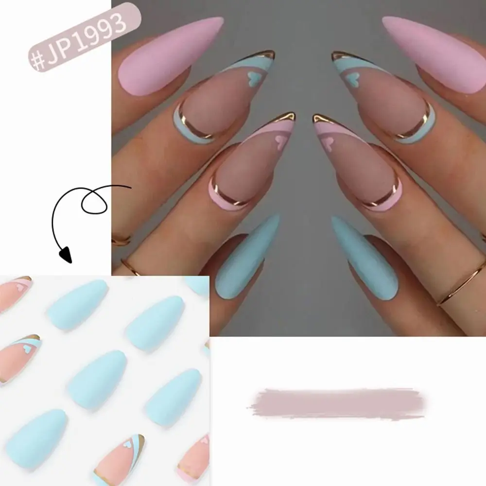 새로운 롱 발레리나 및 스퀘어형 프렌치 화이트 스트라이프 가짜 손톱, 탈부착 가능한 풀커버 네일 팁 (여성/소녀용)