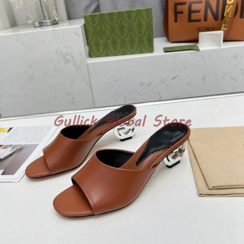 

2024 New Arrival Slides Genuine Leather Square Toe Shallow Strange Style Fretwork Heels Sandals Summer Outside Soft Breathable