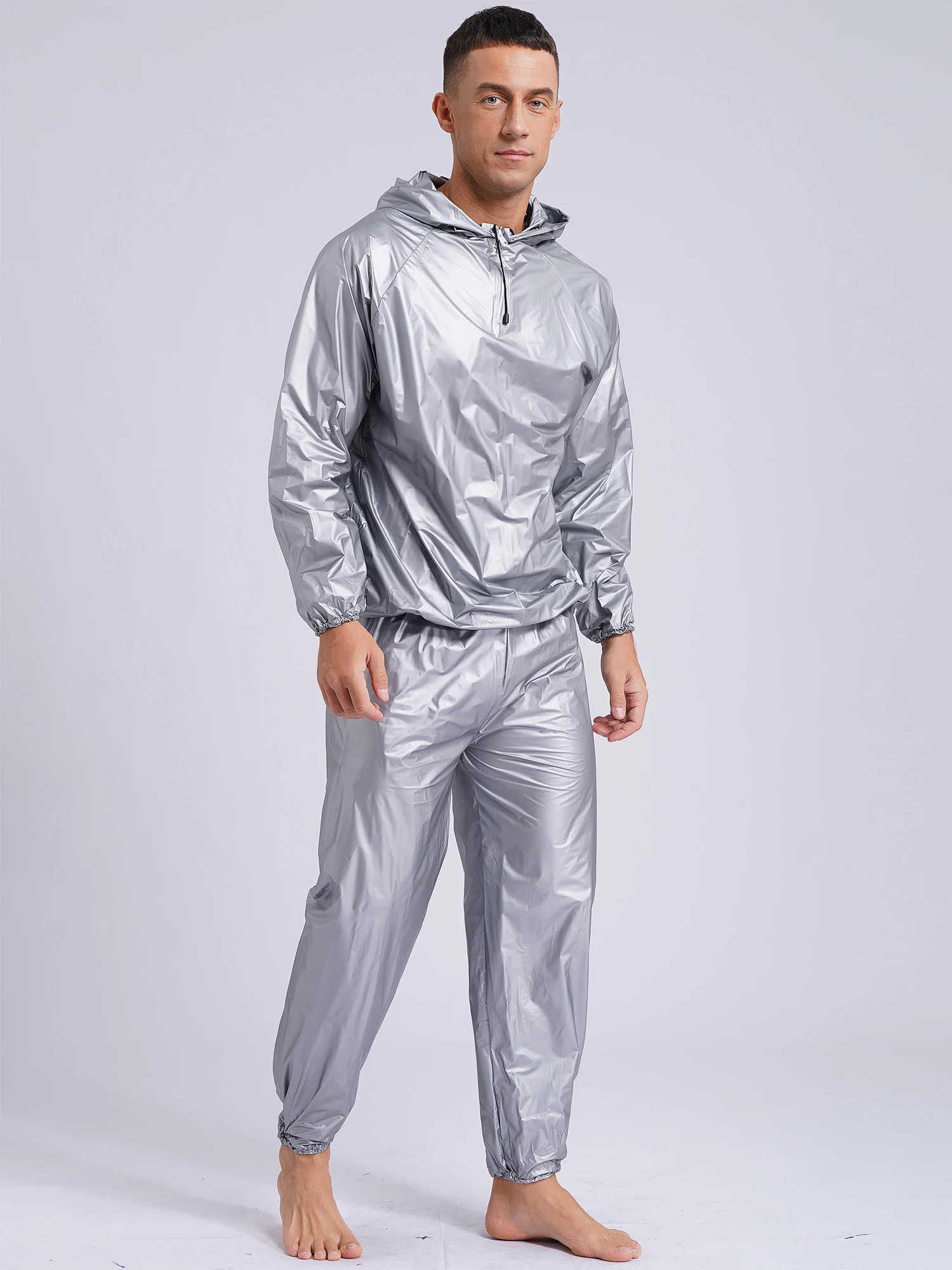 Mens Pullover Style PVC Sweating Suit Boxing Gym Workout Fitness Sauna Sweat Outfit Hooded Jacket Outerwear And Long Pants