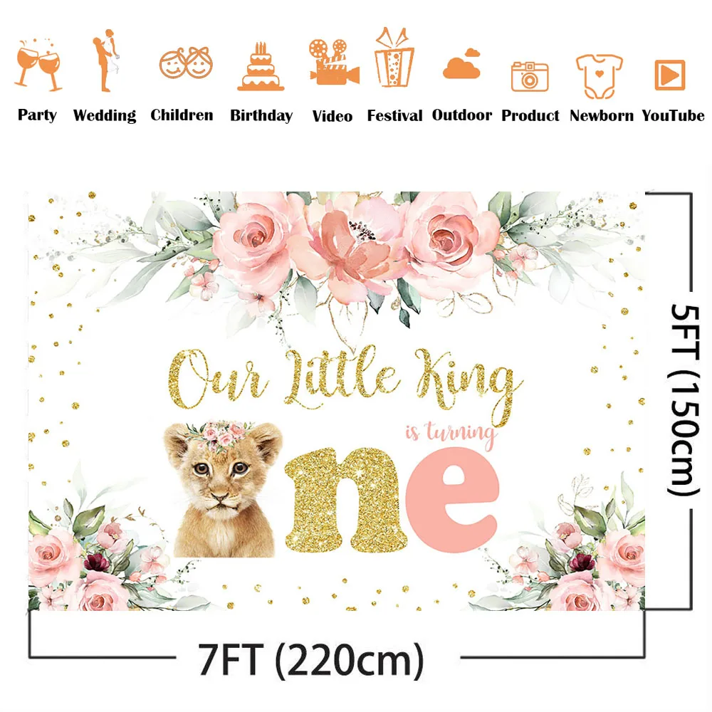 Our Little King is turing One Backdrop 1st Birthday Pink Flowers Photo Booth Background Gold Glitter Dots Photocall 