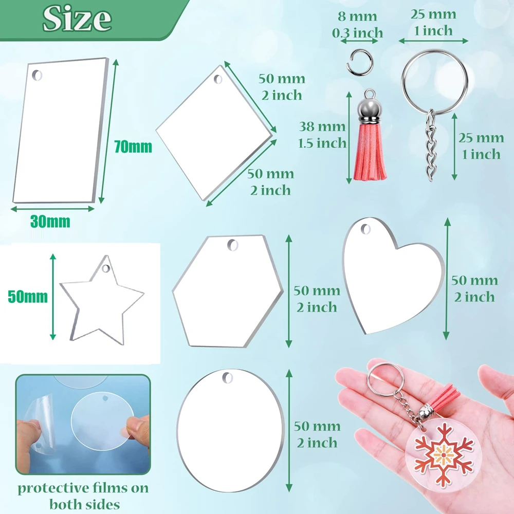 300PCS Clear Acrylic Keychain Blanks 6 Shapes Acrylic Leather Tassel Charms Key Chains Jump Rings for Vinyl Resin DIY Crafts