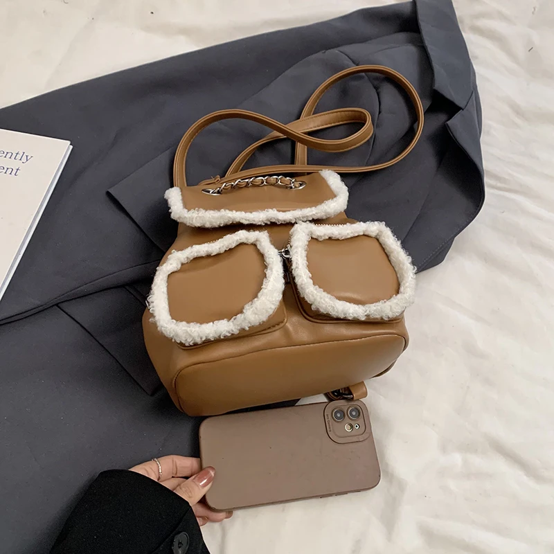 Kleine Doppeltaschen Umhängetaschen für Frauen 2024 Winter Pelz Spleißen Leder Rucksack Mode Anti-Diebstahl Casual Reise Rucksack – Detail 23