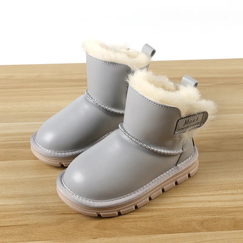 Winter New Bright Leather Snow Boots Thickened Sheepskin Fur One Children's Shoes_voghion.com