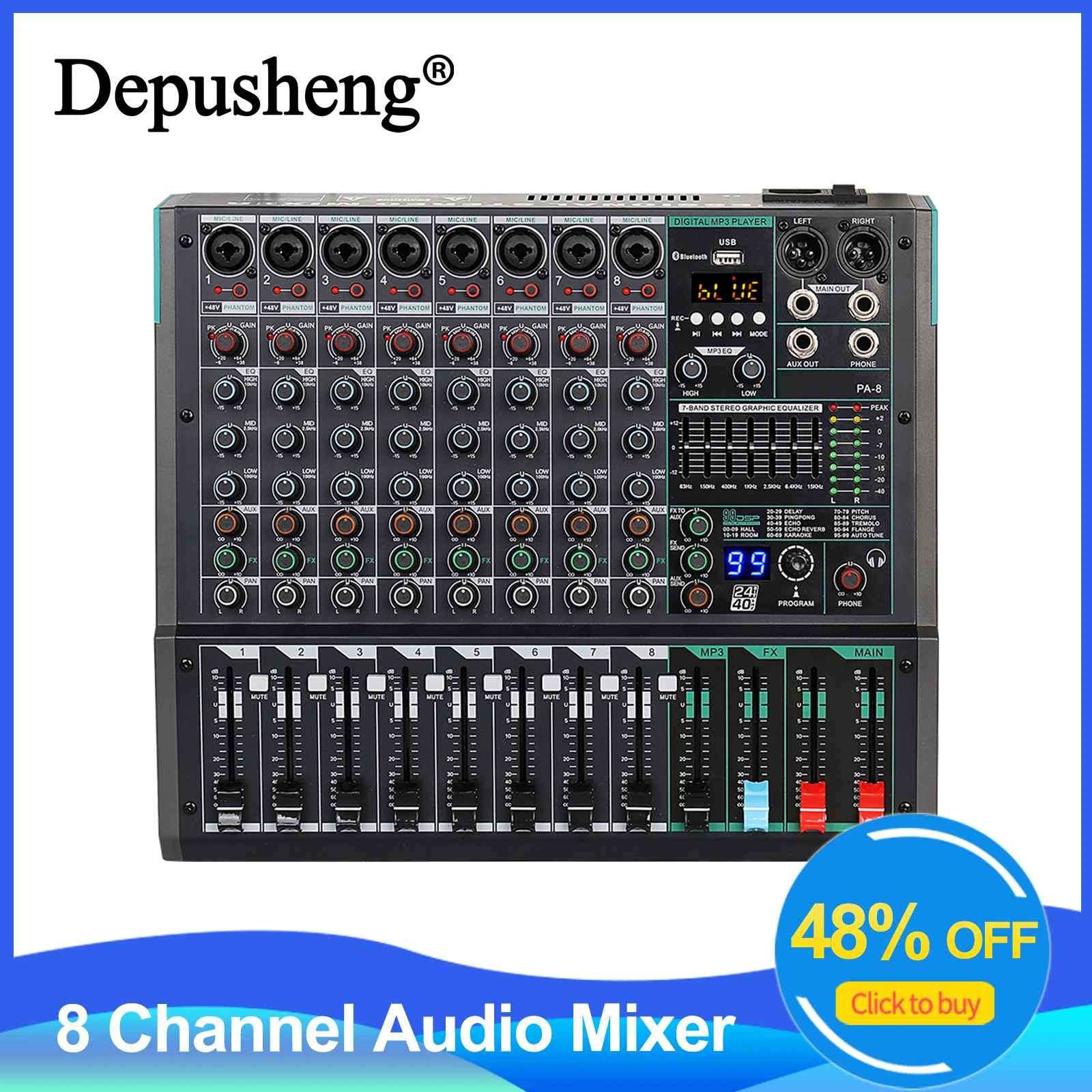 Audio Mixer Depusheng PA8 8 Channel Sound Board Console DJ Mixing Desk System Interface Built-in 99 Reverb Effect audio mixer