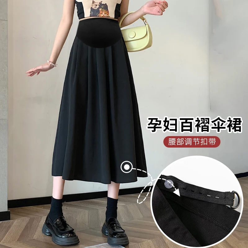 French Style Summer Pregnant Woman Pleated Skirts New Maternity Blazer Pleated Skirt-A-Line Midi Flared Skirt for Women