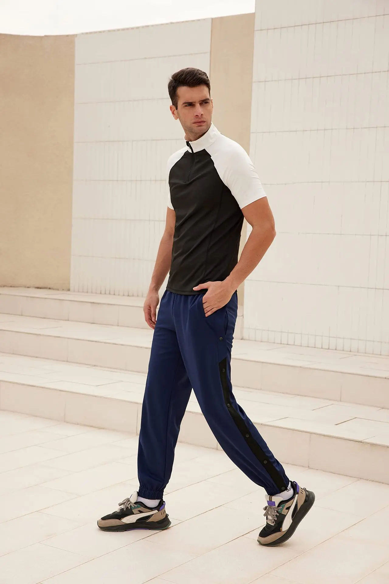 Pantalones de chándal informales para hombre, Pantalón deportivo con botón  lateral, cintura elástica, contraste de Color, con bolsillo, 2022 -  AliExpress