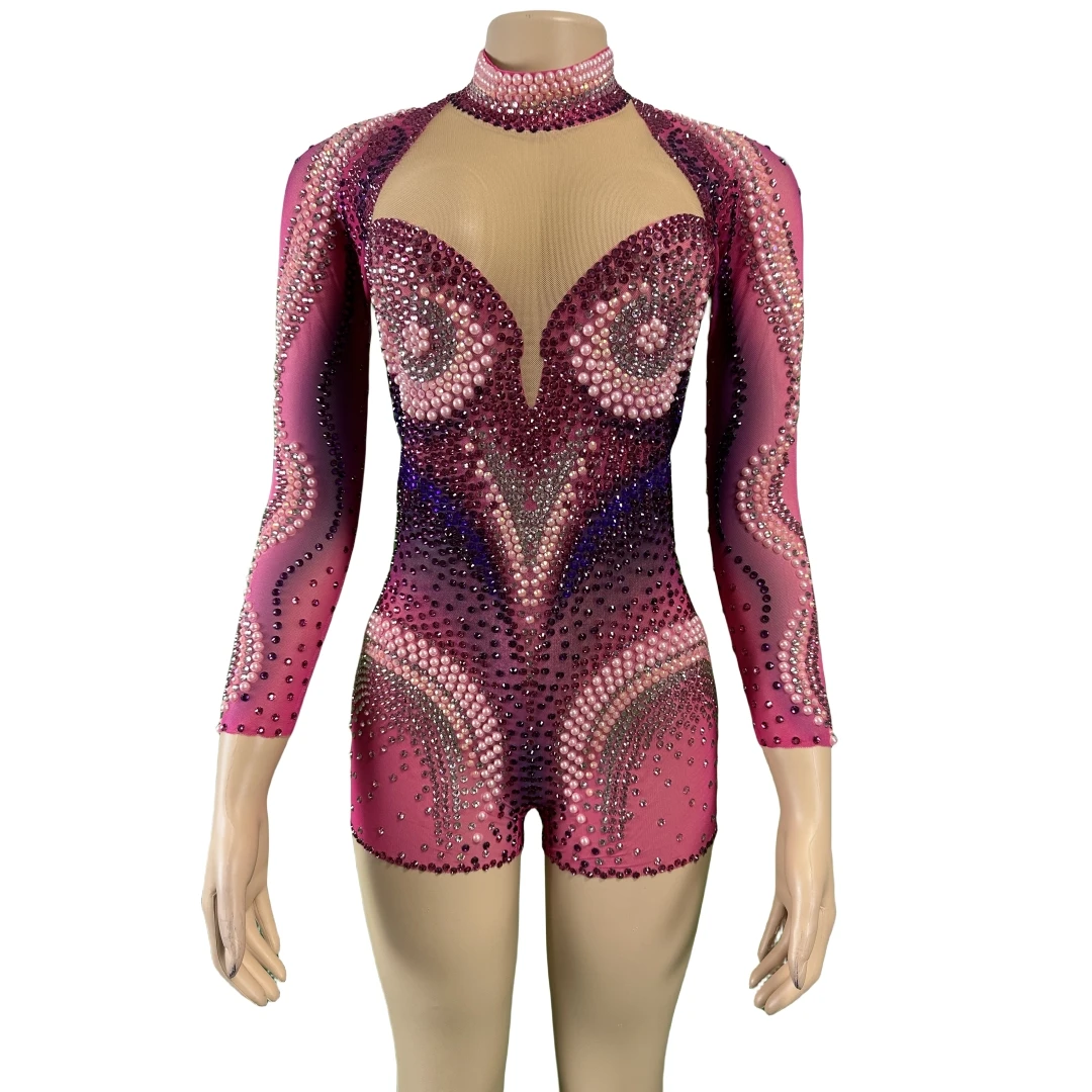 

See Through Women Rhinestone Pearl Romper See Thru Singer Luxury Bodysuits Drag Queen Costume Mesh Long Sleeve Stage Wear 2024